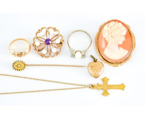 A Mixed Lot of Jewellery, comprising - 9ct gold carved cameo, 9ct pearl and gem set brooch, 9ct heart shaped locket, 9ct gem 