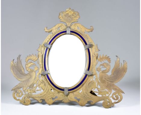 A Finely Engraved Continental Brass, Blue Enamel and Silvered Table Mirror, Late 19th/Early 20th Century, engraved with two e