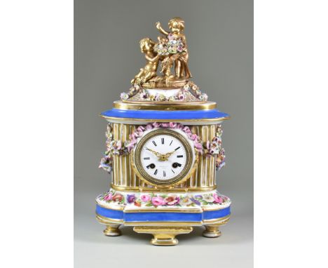 A 19th Century French Porcelain Mantel Clock by Dixon &amp; Co. Paris, No. 411, the 3ins diameter white enamel dial with Roma