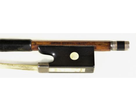 A German Violin Bow Stamped Otto Durrschmidt, inlaid with mother of pearl, round stick, 29.5ins, weight 59g