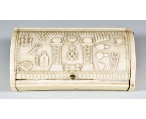 A Bone Snuff Box of Masonic Interest, 19th Century, the lid carved with the two pillars Boaz and Jarchin, and other Masonic s