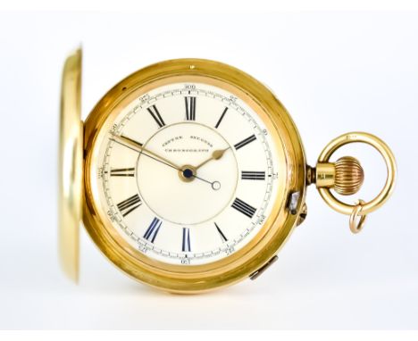 An 18ct Gold Full Hunting Cased Chronograph Keyless Pocket Watch, 55mm diameter case, white enamelled dial with black Roman b