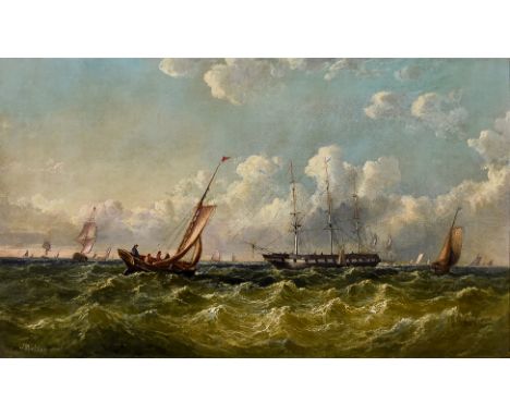 John James Wilson (1818-1875) - Oil painting - Seascape with fishing boats in choppy sea, signed, relined canvas 10.5ins x 19