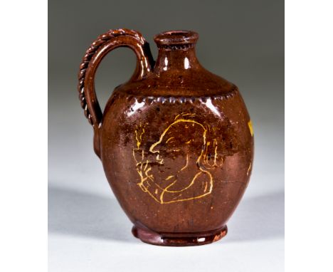 An English Lead Glazed Flask with Red Body, 19th Century, slip decorated with a man smoking a pipe, and drinking accessories 