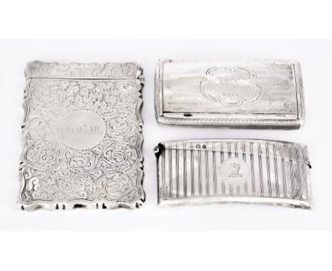 A Victorian Silver Rectangular Card Case, One Other Card Case and a Snuff Box, the rectangular card case by George Unite, Bir