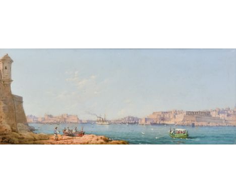 Luigi M. Gallea (1847-1917) - Oil painting - "The Grand Harbour, Valletta", signed, panel 5.5ins x 13.5ins, in gilt moulded f
