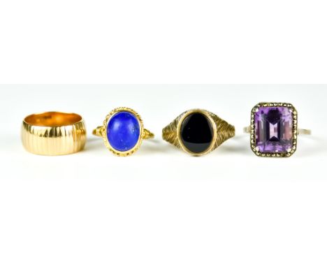 Four Gem Set and 9ct Gold rings, comprising - 9ct gold wedding band size N, gross weight 6.9g, a 9ct gold set with onyx stone