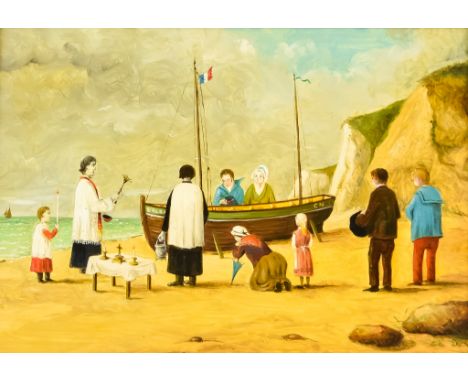 20th Century French School - Oil painting - Blessing the Boat - priests and figures on the shore with boat, pine panel 7.5ins