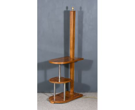 A 1930s Figured Walnut Standard Lamp/ Three Tier Occasional Table, the lamp of square tapered form, the shaped tiers with mat