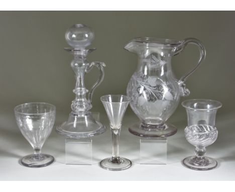 A Collection of English Glassware, including - clear ale jug, etched with hop and barley motif around a monogram, late 18th/e