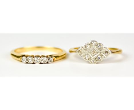Two 18ct Gold Diamond Set Rings, one five stone, approximately .25ct total, size P, another pave set, size M, total gross wei