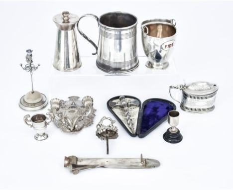 A Late Victorian Small Silver and Red Enamel Fire Bucket and Mixed Silver Ware, the bucket by George Heath, London, 1891, app