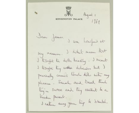 H.R.H. Princess Margaret (1930-2002) - Handwritten and signed letter on Kensington Palace headed notepaper from Princess Marg