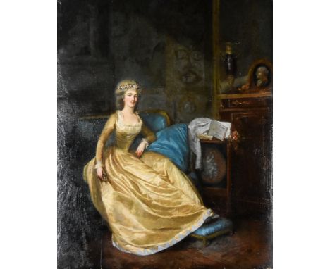 Late 18th Century French School - Oil painting - Neo-classical interior with female beauty seated holding a miniature, elm pa