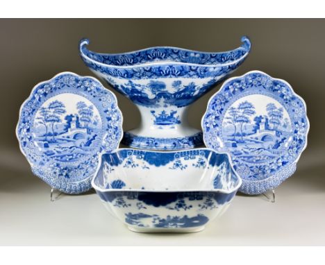An English Blue and White Pearlware Centre Dish, Circa 1810, printed with a pavilioned island landscape, 13.25ins wide x 8.25