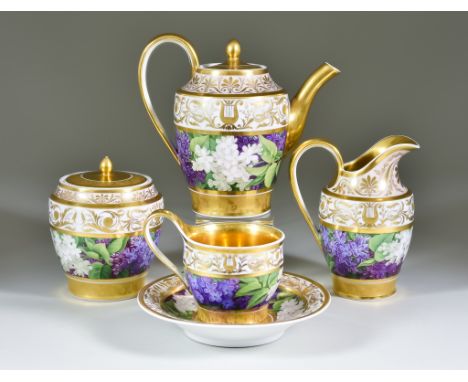 A Berlin Porcelain Part Cabaret Tea Service, Late 1840s, with central band enamelled in colours with flowering lilac, within 