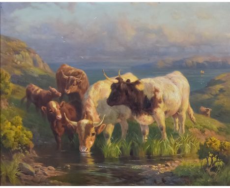 William R. C. Watson (fl. 1890-1900) - Oil painting - "On the Cliffs Near Land's End" - cattle watering, signed and dated '08