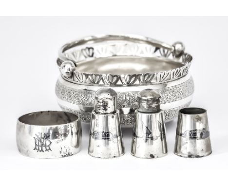 An Iraqi Silvery Metal and Niello Three Piece Condiment Set, Napkin Ring and a Persian Basket, the condiment set of cylindric