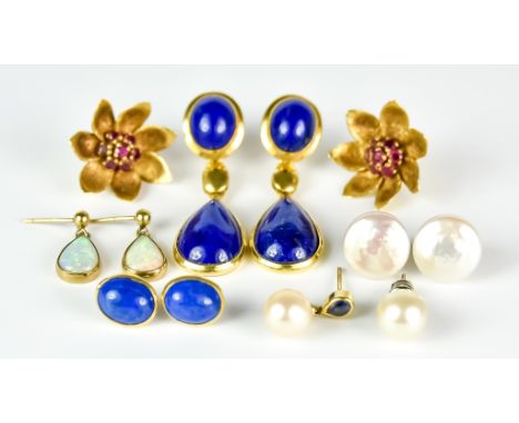 Six Pairs of 9ct Gold Gem Set Earrings, for pierced ears,comprising - one pair of drop lapis lazuli, one pair cabochon lapis 