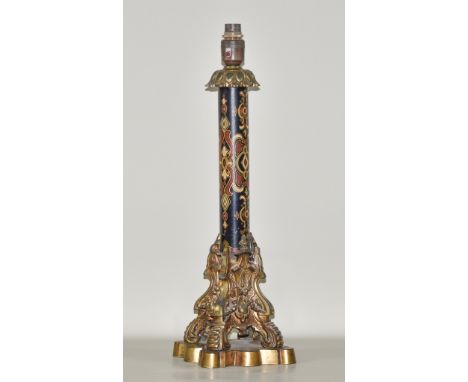 An English Gilt Metal and Japanned Metal Electric Table Lamp, Late 19th Century, with plain painted column on rococo base, 20