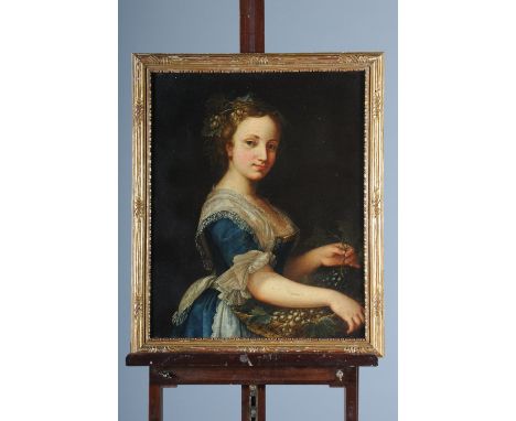 Ecole italienne du XVIIIème “Portrait de femme à la corbeille de fruits” Huile sur toile H : 62 cm ; L : 50 cm (Restaurations