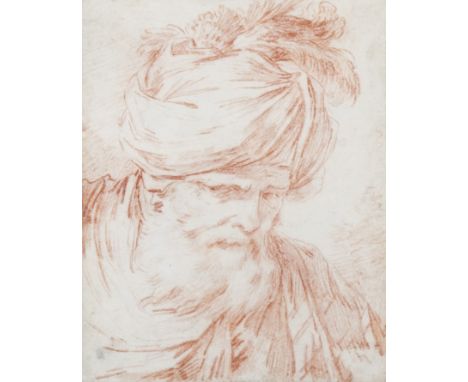 Ecole française de la fin du XVIIIème siècle “Portrait d’homme au turban” Dessin traité à la sanguine H : 9 cm ; L : 7 cm