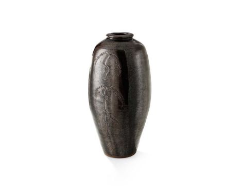 partially impressed artist's seal and pottery seal, stoneware, incised Willow Tree design, tenmoku glaze36cm high, 17cm wide 