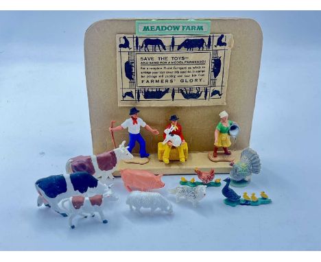 Timpo - Meadow Farm Series, Circa, 1971, comprising: Drover with Stick, Seated Tractor Driver Holding a Rabbit on Hay Bale, F