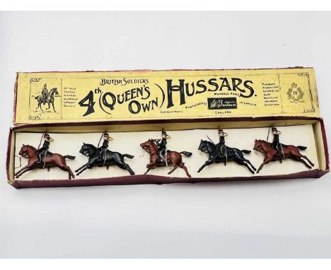 Britains - Set 8 - The 4th Hussars, [1919 version], comprising: Mounted Trumpeter [old repair to scabbard] &amp; 4 x Hussars 