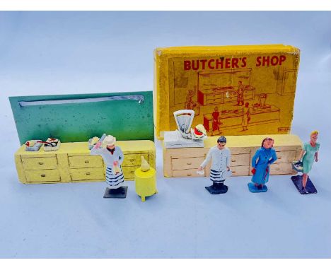 Crescent - Set No 1230 - Butchers Shop - comprising: Wooden Unit with Tin Back Wall, Wooden Counter, Butcher with Tray, Chopp