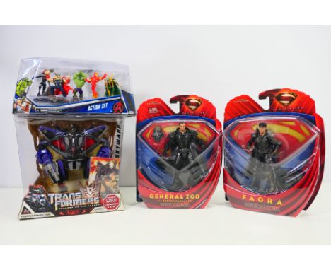 Transformers - Superman - Avengers - A group of boxed / carded items, Avengers Action Set # 71590, Transformers Skywarp # 926