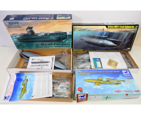 Special Navy - Merit - Bronco - 3 x boxed model kits, U-Boat Typ XXIII in 1/72 scale # 72001, German V-1 Flying Bomb in 1/35 