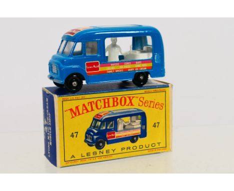 Matchbox - A boxed Matchbox Regular Wheel 47b Commer Ice Cream Van. The model with blue body, bpw, short roof decals, white i