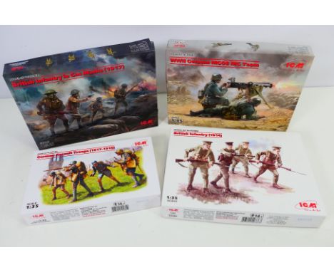 ICM - 4 x boxed model kits in 1/35 scale, German Assault Troops # 35291, WWII German MG08 MG Team # 35645, British Infantry 1