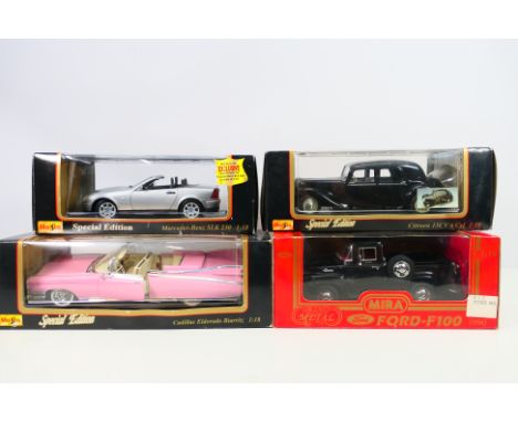 Maisto - Mira - 4 x boxed vehicles in 1/18 scale, Ford F-100, Citroen 15CV, Mercedes Benz SLK, Cadillac Eldorado. They all sh