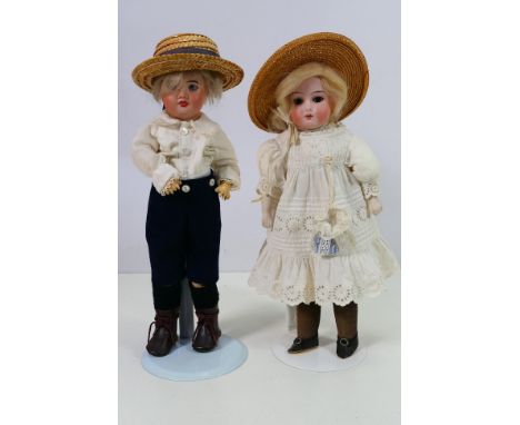 SFBJ - Mabel - 2 x bisque headed dolls, one approximately 30 cm tall and marked SFBJ 60 Paris to the back of the head and one