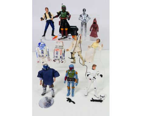 Star Wars - A group of unboxed figures including Luke Skywalker, Princess Leia, Jango Fett with collector coin, Han Solo, R5 