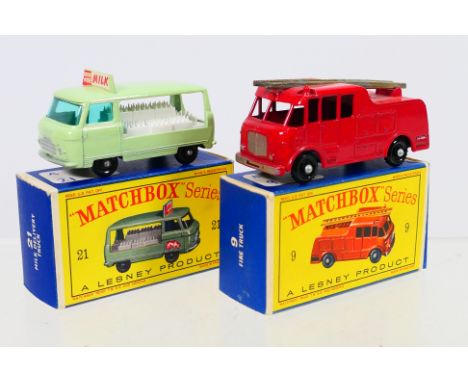 Matchbox - A pair of boxed Matchbox Regular Wheels diecast model vehicles. Lot consists of Matchbox 9c Merryweather Marquis -