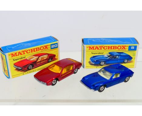 Matchbox - A pair of boxed Matchbox Superfast diecast model vehicles. Lot consists of Matchbox 5a Lotus Europa - dark metalli