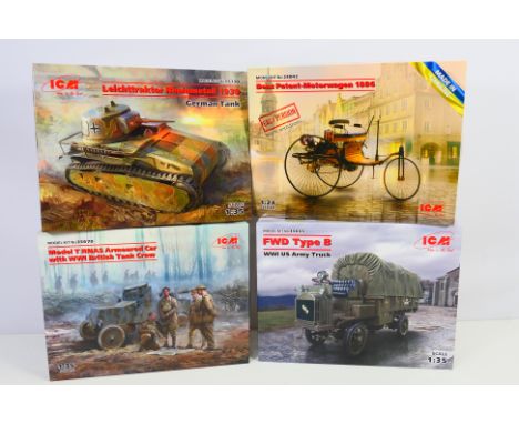 ICM - 4 x boxed model kits, mostly in 1/35 scale, a Model T RNAS Armoured Car # 35670, an FWD Type B US Army Truck # 35655, a