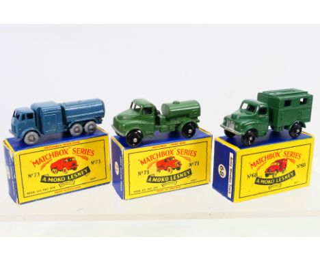 Matchbox - A boxed trio of Matchbox Regular Wheel diecast military model vehicles. Lot consists of Matchbox 68a Austin Wirele