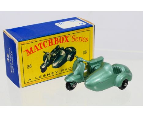 Matchbox - A boxed Matchbox Regular Wheels 36b Lambretta and Sidecar. The model in metallic green with 24 tread black plastic