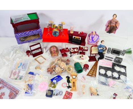 Dolls House Furniture - A collection of dolls house furniture to include some pub themed items: a pool table with cues, a dru