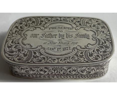 Continental Silver small Snuff / Pill Box  engraved ''To our Father, New year 1872'' (gross weight 75g, 8 x 6cm approx)