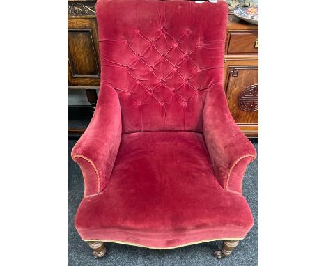 Small vintage RED VELVET chair with gold trim and button back, on castors, height approx 90cm, seat approx 35cm from floor - 