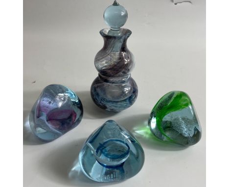 THREE CAITHNESS GLASS PEBBLES plus 1 perfume bottle (approx 13cm), small chip from rim and from top of stopper).Approx 4 piec