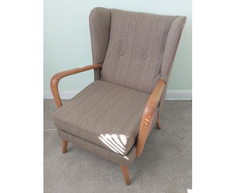 ERCOL inspired ( think ERCOL?) late c1960's armchair displaying beautiful PATINA wooden arms - 40cm top of seat pad to floor!