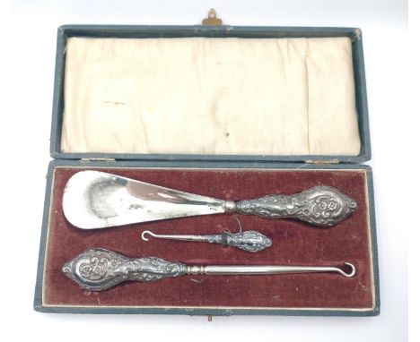 For the discerning lady - a set of ANTIQUE SHEFFIELD STEEL items to include a shoe horn plus button hooks in two sizes all wi