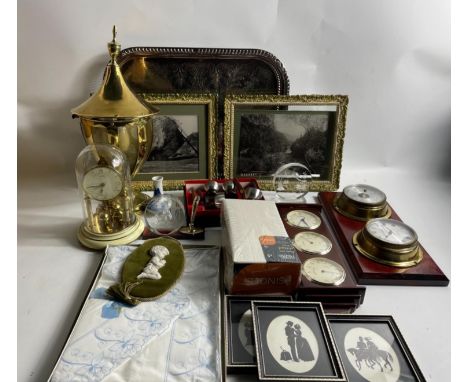 A QUALITY very mixed box to include embroidered pillowcases, single bed sheet (unopened), wall barometer, vases, mantlepiece 