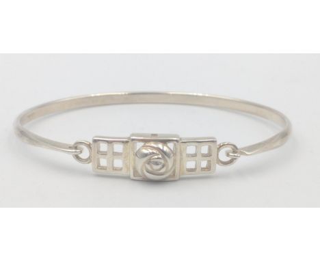 925 stamped Rennie Mackintosh style bangle with central rose, comes with Charles Rennie Mackintosh, Kit Heath presentation bo